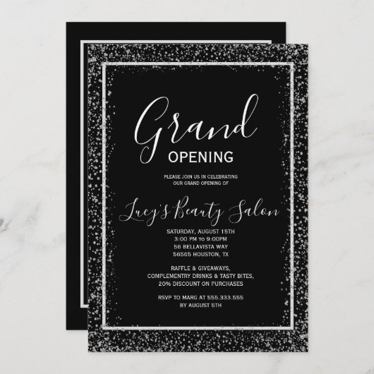 Invitation Parties scintillant encadrée Noir & Blanc Grand Ou (Devant / Derrière)