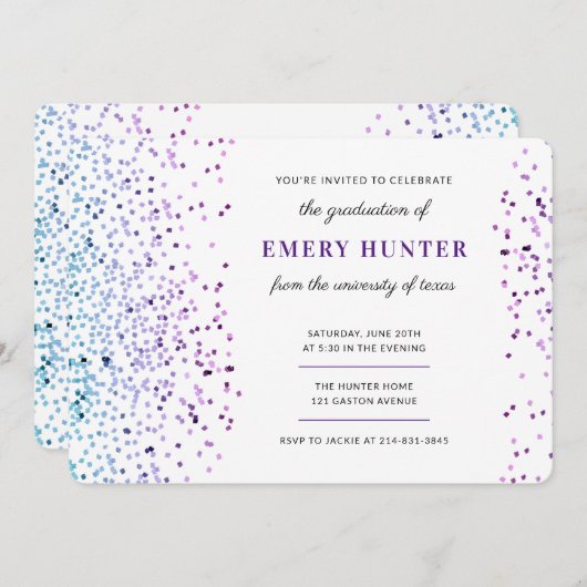 Invitation Parties scintillant éparse Bleu et pourpre Graduat (Devant / Derrière)