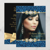 Invitation Parties scintillant et bijoux bleu or Quinceanera (Devant / Derrière)