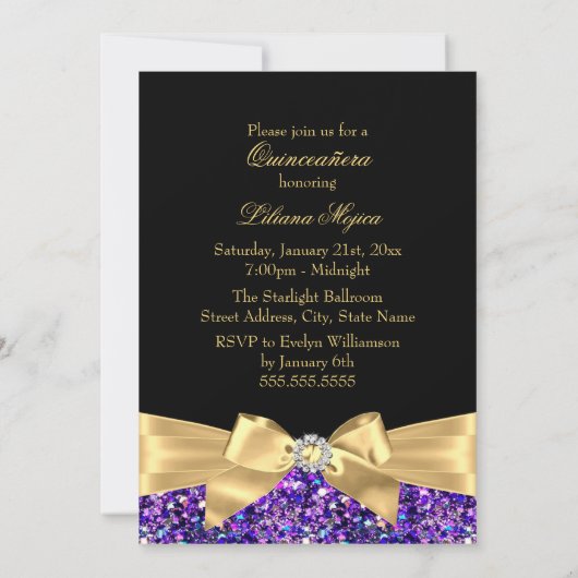 Invitation Parties scintillant et bijoux en or violet Quincea (Dos)
