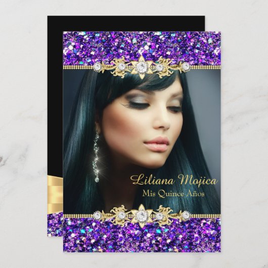 Invitation Parties scintillant et bijoux en or violet Quincea (Devant / Derrière)