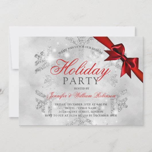Invitation Parties scintillant et ruban en argent | Noël (Devant)