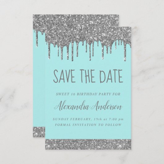 Invitation Parties scintillant étincelante en argent Sweet 16 (Devant / Derrière)