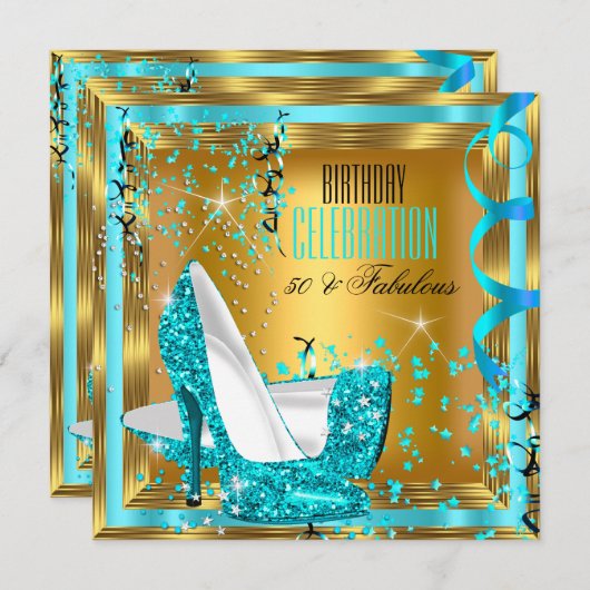 Invitation Parties scintillant fabuleuse Turquoise talons d'o (Devant / Derrière)