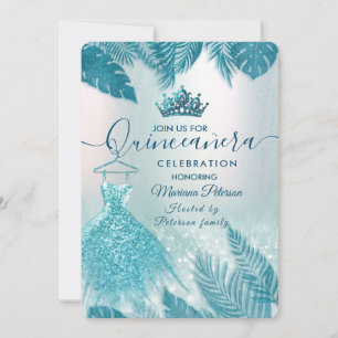 Invitation Parties scintillant feuille tropicale bleue tiara
