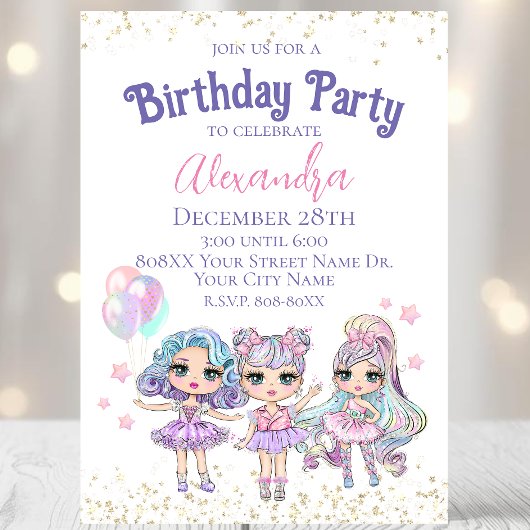 Invitation Parties scintillant fille mignonne poupées fête d'