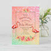 Invitation Parties scintillant Flamant rose Fleurs tropicales (Debout devant)