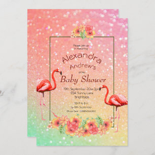 Invitation Parties scintillant Flamant rose Fleurs tropicales