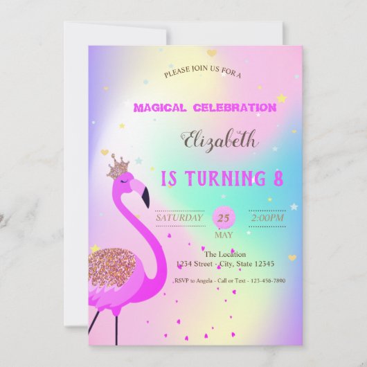 Invitation Parties scintillant Flamant rose, Ombre Holographi (Devant)