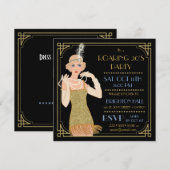 Invitation Parties scintillant Flapper Gold des années 20 Bla (Devant / Derrière)