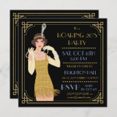 Invitation Parties scintillant Flapper Gold des années 20 Bla (Devant / Derrière)