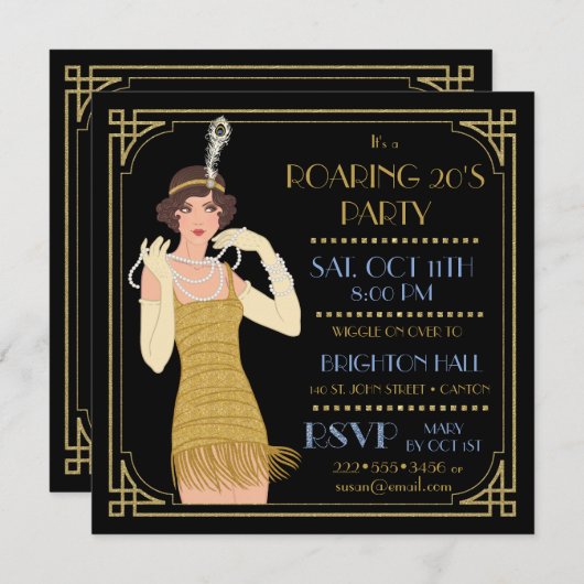 Invitation Parties scintillant Flapper Gold des années 20 Bla (Devant / Derrière)
