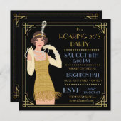 Invitation Parties scintillant Flapper Gold des années 20 Bla (Devant / Derrière)