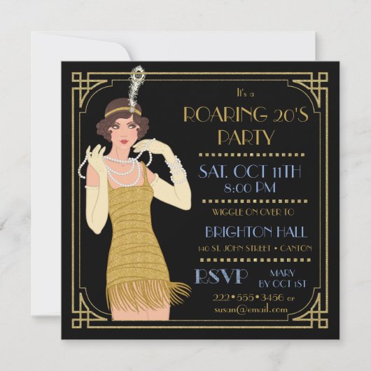 Invitation Parties scintillant Flapper Gold des années 20 Bla (Devant)
