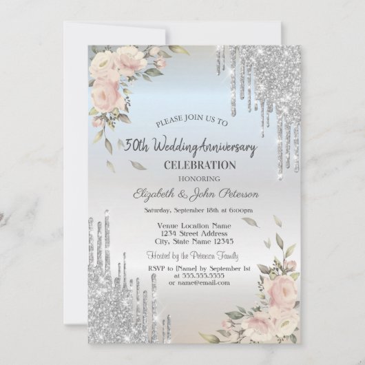 Invitation Parties scintillant, Fleurs Argent Mariage Anniver (Devant)