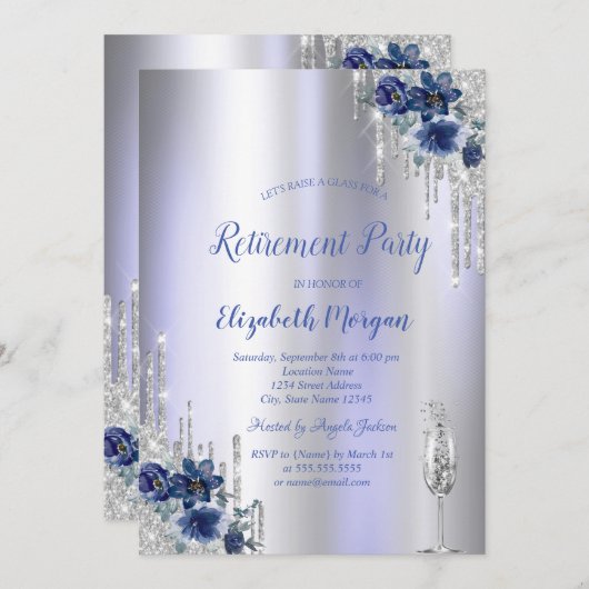 Invitation Parties scintillant, Fleurs Bleues Violet Retraite (Devant / Derrière)