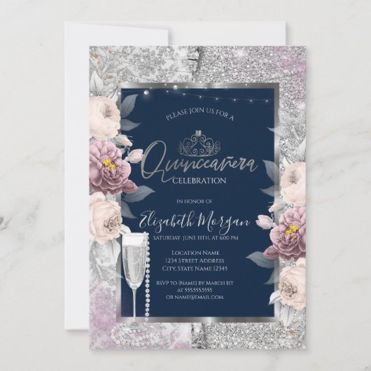 Invitation Parties scintillant, Fleurs de Boho, Perles de ver (Devant)