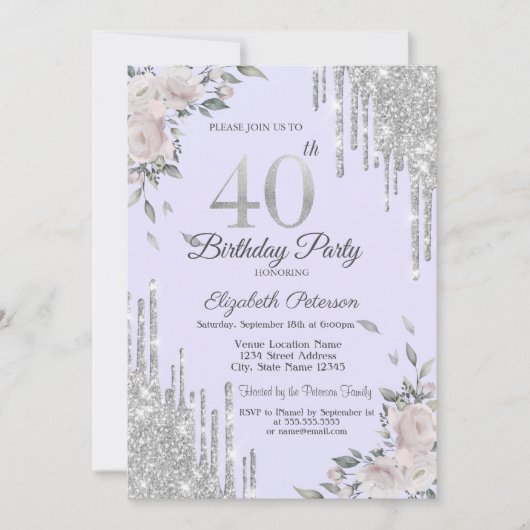 Invitation Parties scintillant, Fleurs Lavander 40e anniversa (Devant)