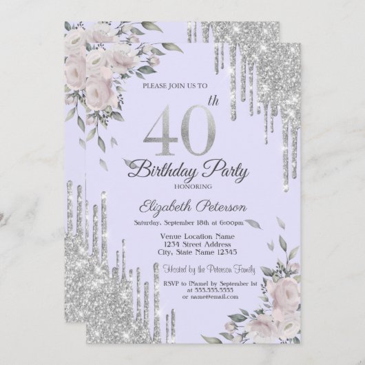 Invitation Parties scintillant, Fleurs Lavander 40e anniversa (Devant / Derrière)
