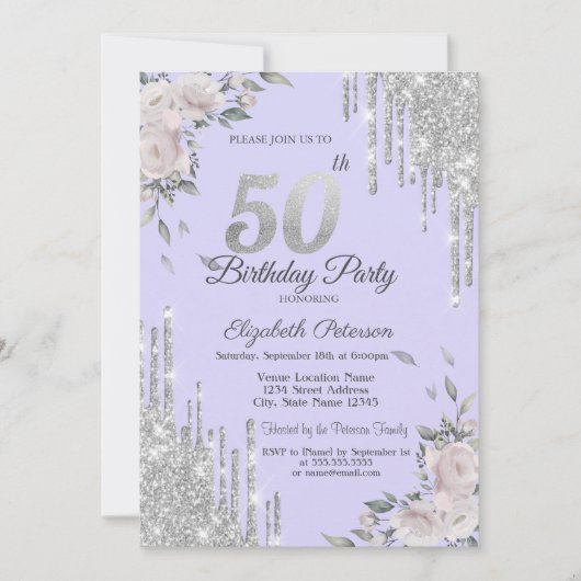 Invitation Parties scintillant, Fleurs Lavander 50e anniversa (Devant)