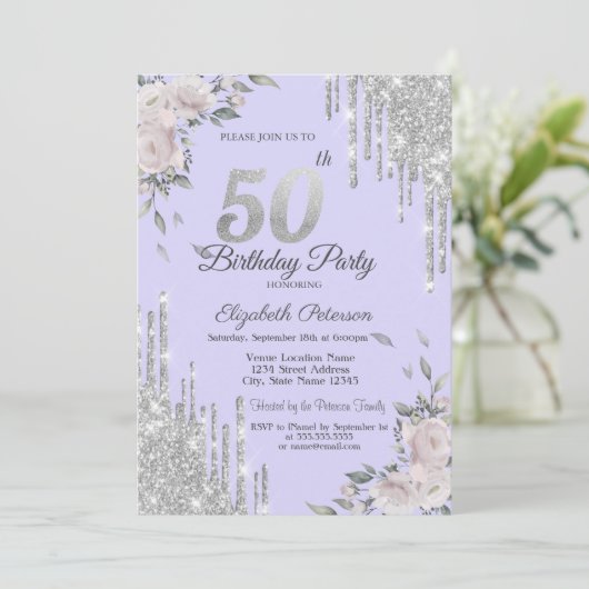 Invitation Parties scintillant, Fleurs Lavander 50e anniversa (Debout devant)