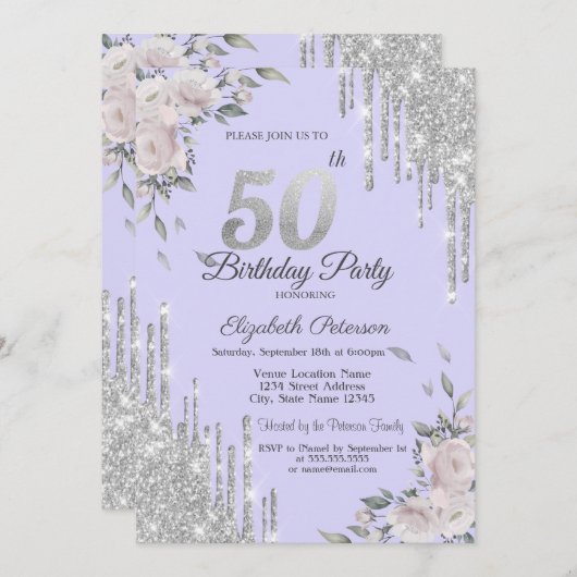 Invitation Parties scintillant, Fleurs Lavander 50e anniversa (Devant / Derrière)