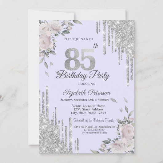 Invitation Parties scintillant, Fleurs Lavander 85e anniversa (Devant)