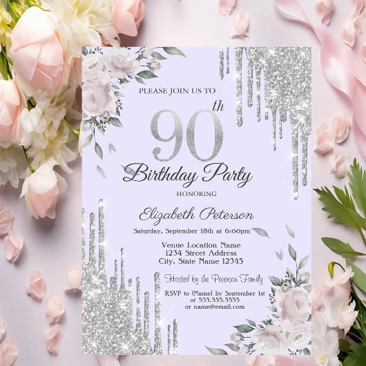 Invitation Parties scintillant, Fleurs Lavander 90e anniversa