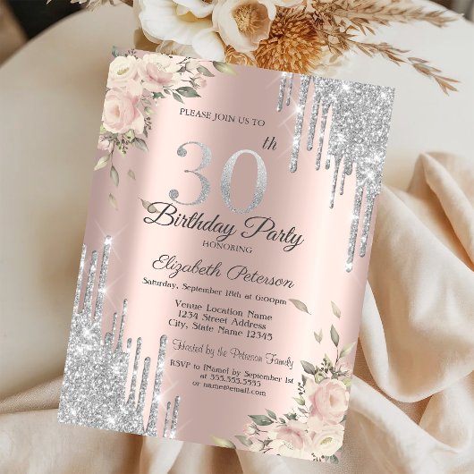 Invitation Parties scintillant, Fleurs Rose Gold 30e annivers