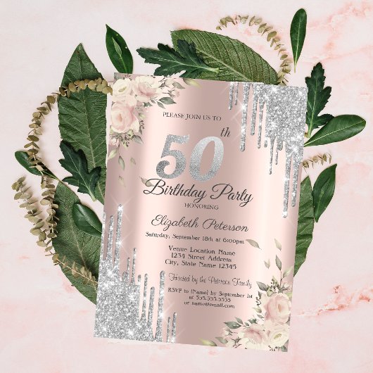Invitation Parties scintillant, Fleurs Rose Gold 50e annivers