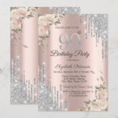Invitation Parties scintillant, Fleurs Rose Gold 90e annivers (Devant / Derrière)