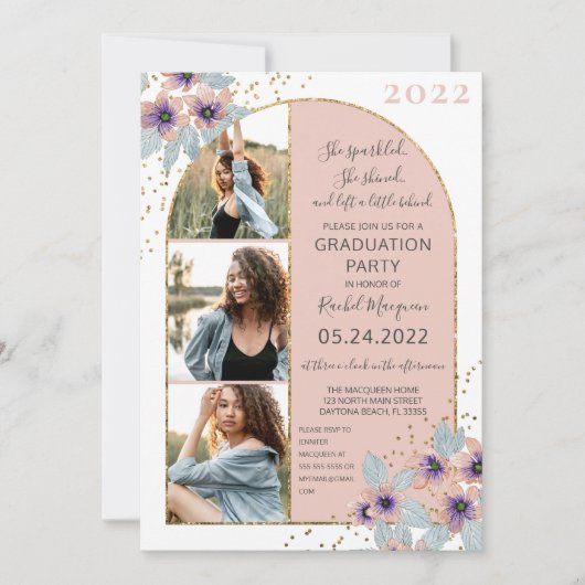 Invitation Parties scintillant Fleurs Roses Confetti Photo Gr (Devant)