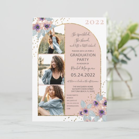 Invitation Parties scintillant Fleurs Roses Confetti Photo Gr (Debout devant)