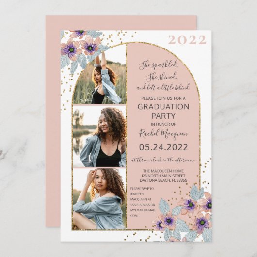 Invitation Parties scintillant Fleurs Roses Confetti Photo Gr (Devant / Derrière)