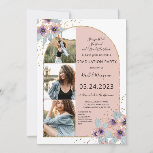Invitation Parties scintillant Fleurs Roses Confetti Photo Gr (Devant)