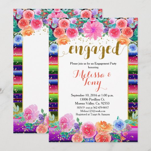 Invitation Parties scintillant Floral Gold du Mexique (Devant / Derrière)