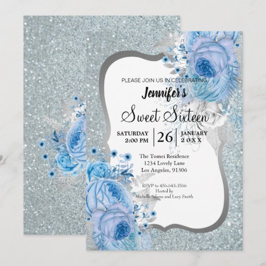Invitation Parties scintillant Floral Sweet 16 Anniversaire I (Devant / Derrière)