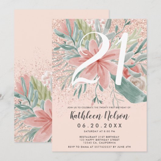 Invitation Parties scintillant florale aquarelle rose pâle 21 (Devant / Derrière)