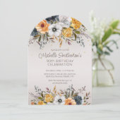 Invitation Parties scintillant florale bleu bleu jaune 90e an (Debout devant)