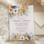 Invitation Parties scintillant florale Bleue de la Marine Jau<br><div class="desc">Jolie moutarde jaune et bleu marine aquarelle florale avec parties scintillant dorée sur une invitation de fête de 40e anniversaire bronze. Contactez-moi pour obtenir de l'aide sur la personnalisation ou pour demander l'appariement ou la coordination des produits Zazzle.</div>