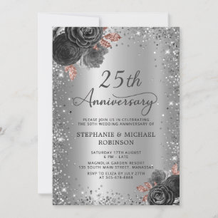 Invitation Parties scintillant florale en argent 25e annivers