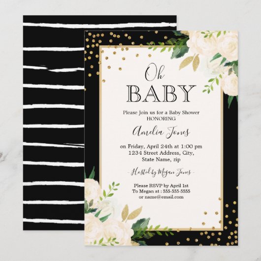 Invitation Parties scintillant Florale Gold Black Stripes Oh  (Devant / Derrière)