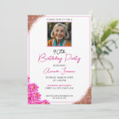 Invitation Parties scintillant florale lisse 90e anniversaire (Debout devant)