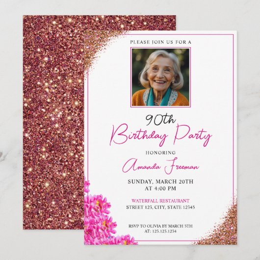 Invitation Parties scintillant florale lisse 90e anniversaire (Devant / Derrière)