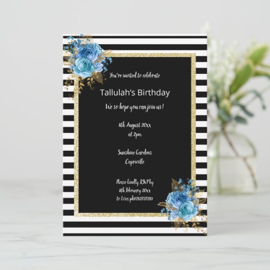 INVITATION PARTIES SCINTILLANT FLORALE NOIR ET BLANC ÉLÉGANT (Debout devant)