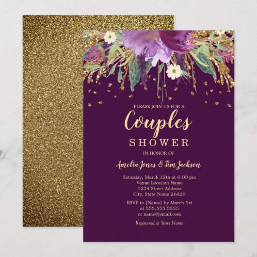 Invitation Parties scintillant florale pétillante Couples vio (Devant / Derrière)