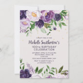 Invitation Parties scintillant florale pourpre 100e anniversa (Devant)