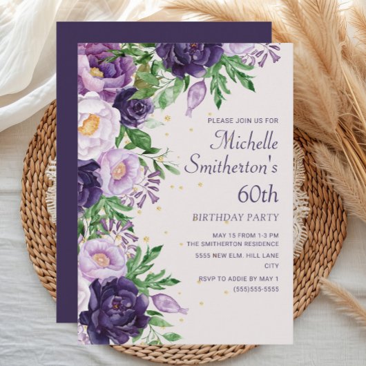 Invitation Parties scintillant florale pourpre 60e anniversai