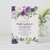 Invitation Parties scintillant florale pourpre 90e anniversai (Debout devant)