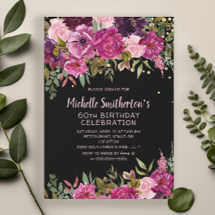 Invitation Parties scintillant florale rose noire 60e anniver